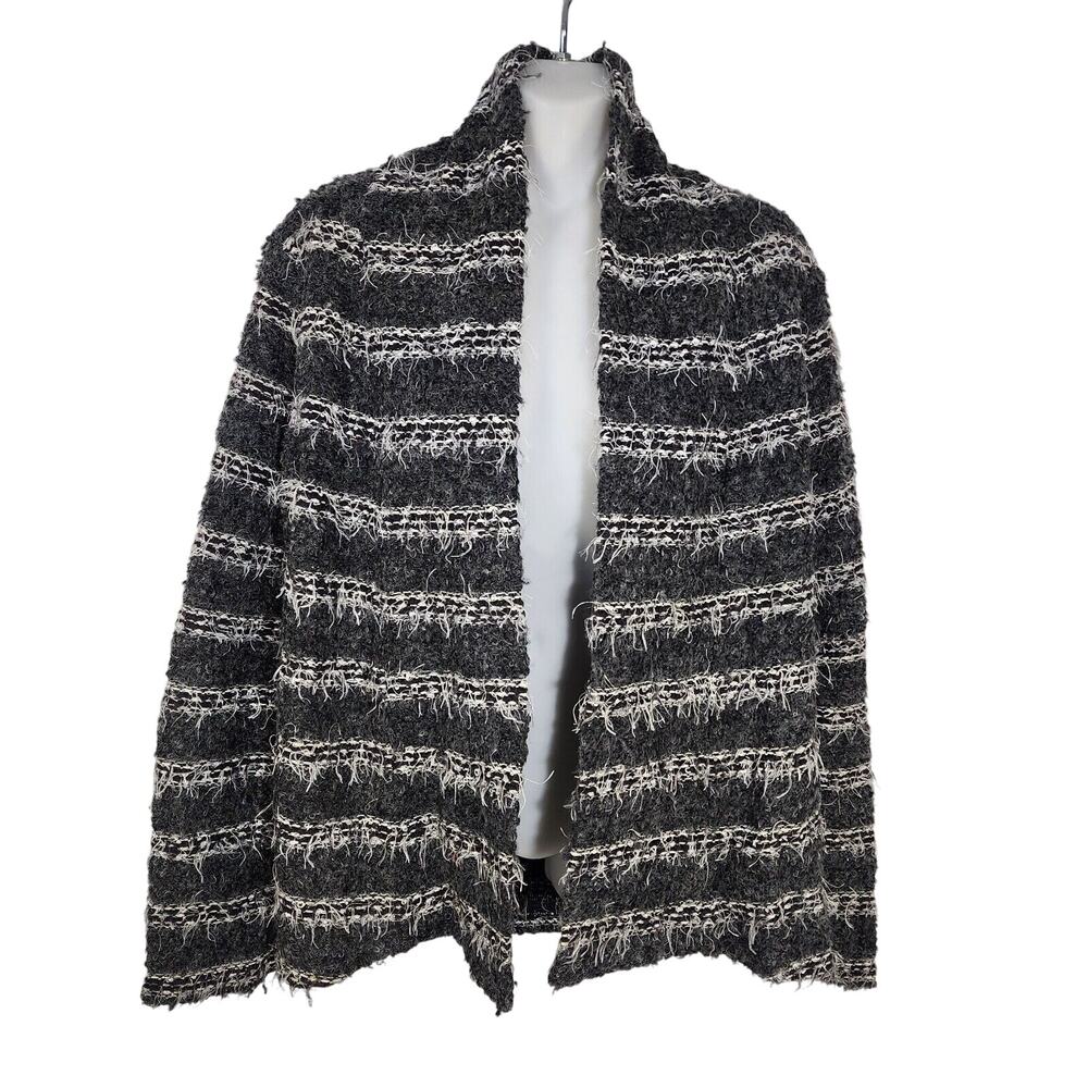 Outlander Cardigan Sweater Large Open Front Gray Black Striped Metallic Fuzzy